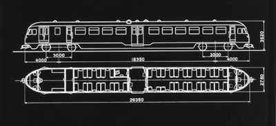 886092 Zijaanzicht en plattegrond (algemeen plan) van een diesel-electrisch motorrijtuig DE 1 (Blauwe Engel) van de N.S.